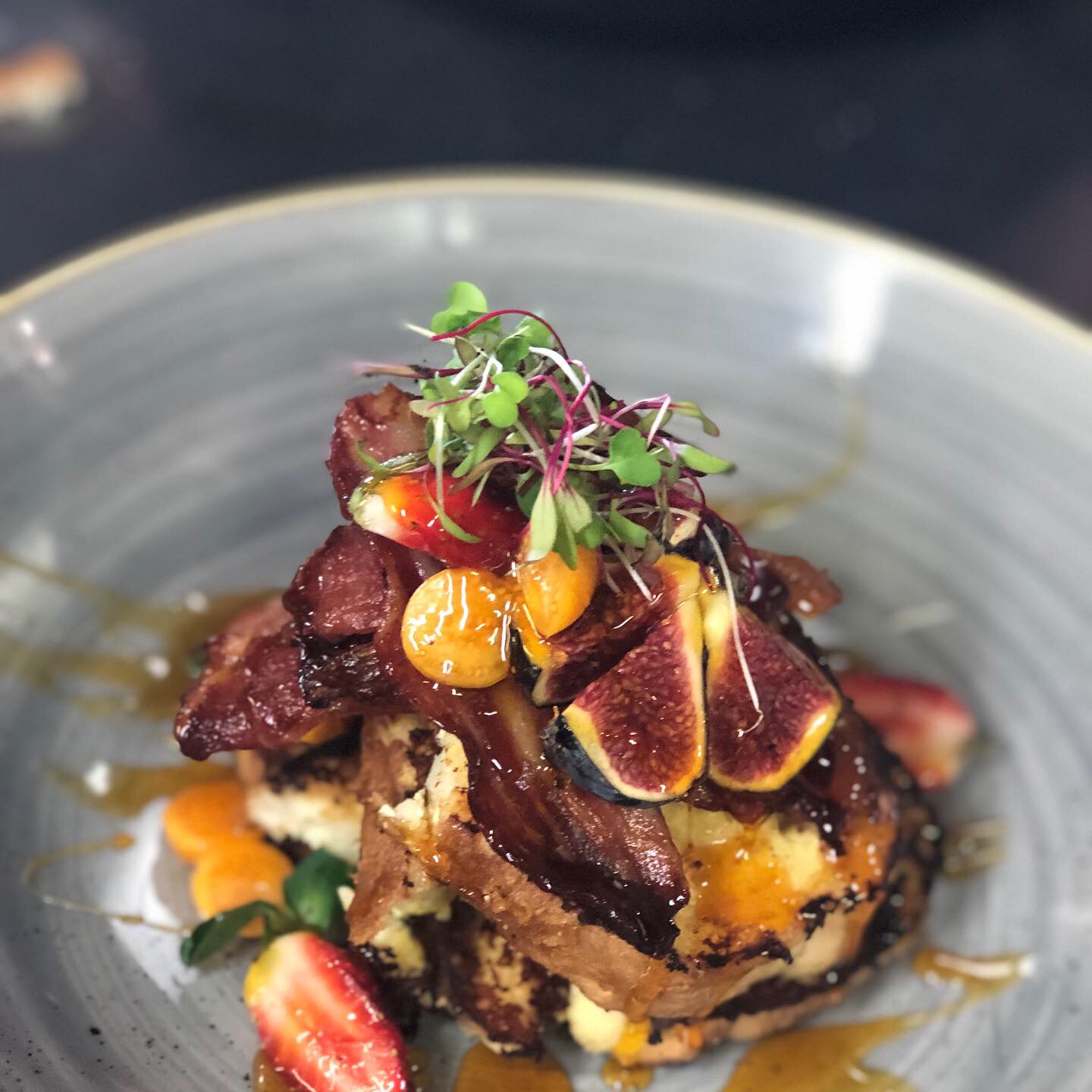 French toast with bacon, figs and micro herbs